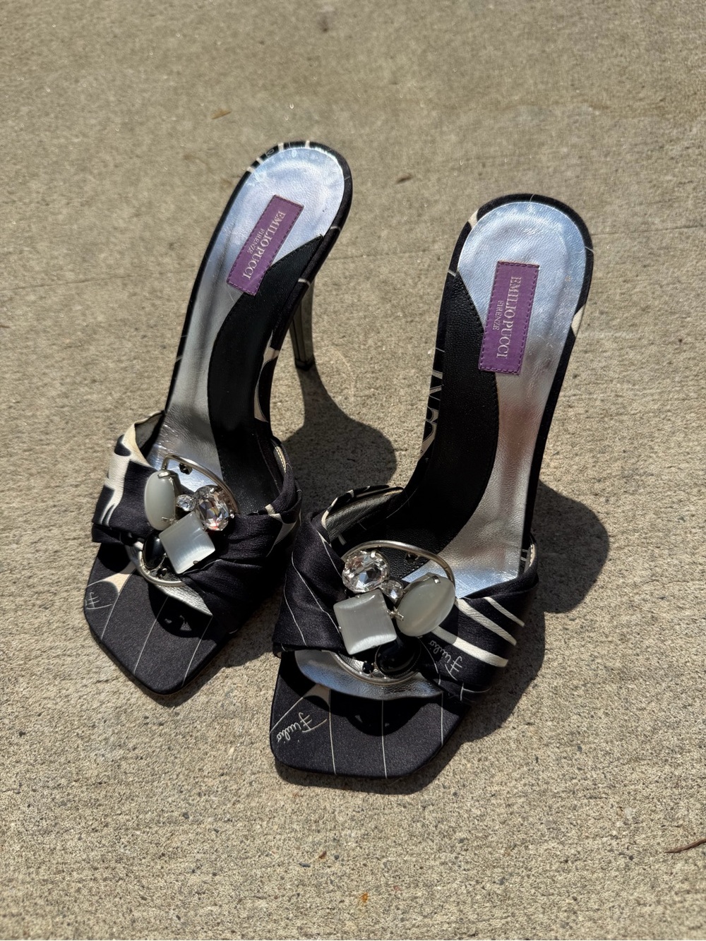 Y2K Emilio Pucci Black Satin Jeweled Slide Sandals